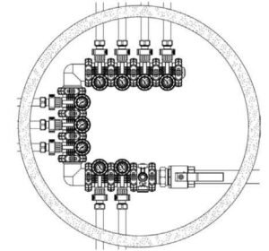 ProCalida GT3 kolektorių išdėstymo apskritame šulinyje principinė schema. Tai išdėstymo pavyzdys, ne konkretaus objekto projektas.